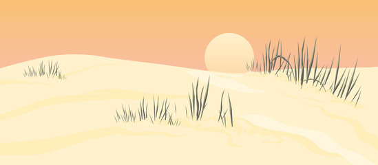 Vektor Illustration einer Sanddüne in einer Wüste mit Sonnenuntergang heiß und glühend - 130766273