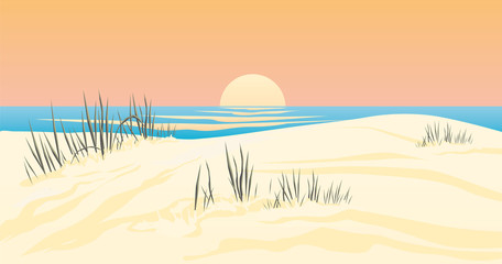 Vektor Illustration Sanddüne an einem See oder Meer mit Sonnenuntergang schöne Urlaubsstimmung
