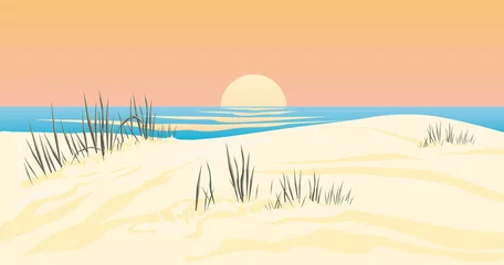 Fototapeten Vektor Illustration Sanddüne an einem See oder Meer mit Sonnenuntergang schöne Urlaubsstimmung © Goldengel