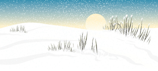 Vektor Illustration einer stillen Winterlandschaft am Nachmittag mit Sonne und Schneeflocken kalt und frostig