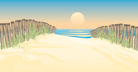 Vektor Illustration eines Weges zum Ufer an einem See oder Meer mit Sonnenuntergang und  schöne Urlaubsstimmung - 130766299