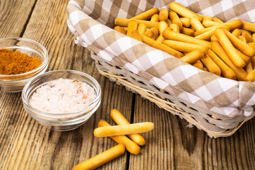 Crispy bread sticks with salt and spices