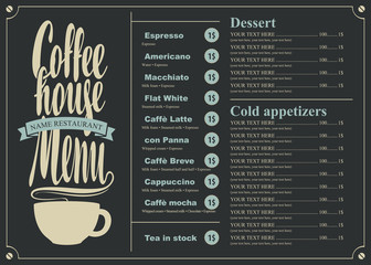 menu with price list for the coffee house with a cup