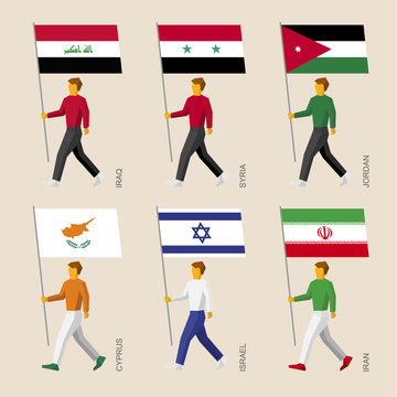 Set of simple flat people with flags of Asian countries. Standard bearers infographic - Iraq, Iran, Jordan, Syria, Cyprus, Israel