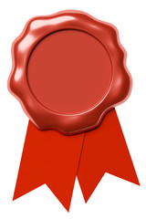 Red wax seal on red ribbon isolated on white