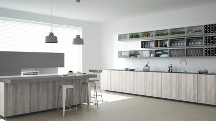Scandinavian white kitchen with wooden and gray details, minimal