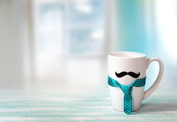 Fathers day white mug mustache tie background empty space.