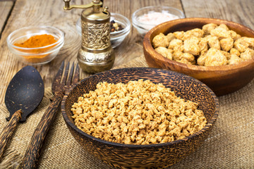 Textured vegetable protein, soy meat for a vegetarian diet