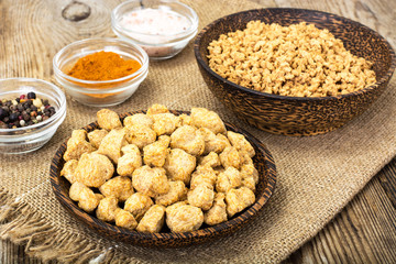 Textured vegetable protein, soy meat for a vegetarian diet