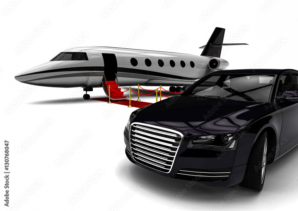 Aufkleber red carpet private jet with a luxury car/ 3d render image representing an red carpet with a private 