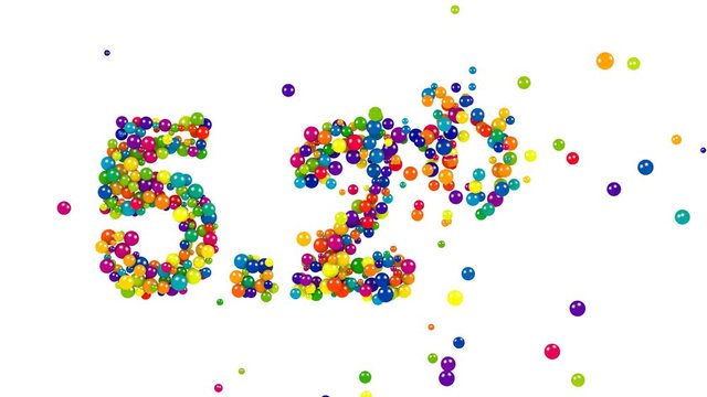 The colorful five point two percent sign of shiny 3D marbles isolated on white background
