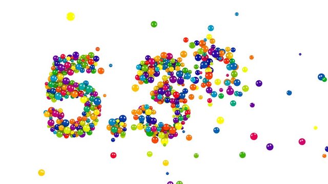 Joyful colored sign of five point three percent made of 3D marbles on white background