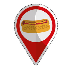 pin with hot dog icon over white background. fast food concept. vector illustration