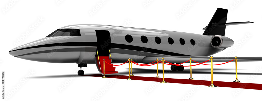 Poster private jet with red carpet / 3d render image representing an private jet with a red carpet