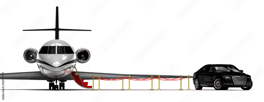Aufkleber private jet with red carpet and a limousine / 3d render image representing an private jet with a red