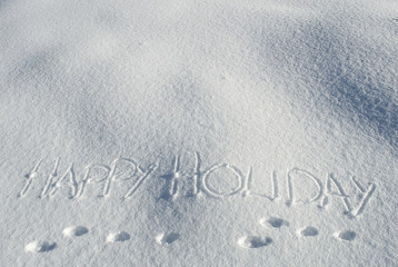 Impronta lepre e scritta Happy Holiday sulla neve fresca delle montagne della Svizzera