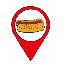 pin with hot dog icon over white background. colorful design. vector illustration