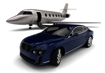 Private jet with a Luxury Car / 3D render image representing an private jet with a luxury car