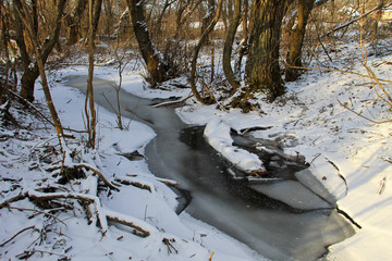Small stream in the snowy forest