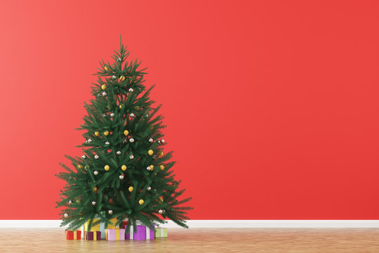 Christmas Tree In A Red Room