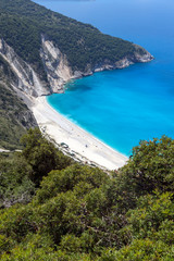 Fototapeta na wymiar Amazing seascape with Blue water of beautiful Myrtos beach, Kefalonia, Ionian islands, Greece