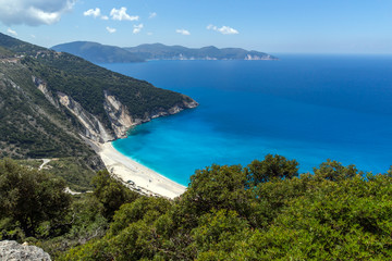 Fototapeta na wymiar Blue water of beautiful Myrtos beach, Kefalonia, Ionian islands, Greece