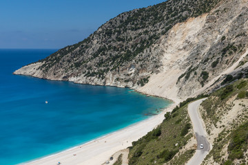 Fototapeta na wymiar Panoramic View of beautiful Myrtos bay road to beach, Kefalonia, Ionian islands, Greece