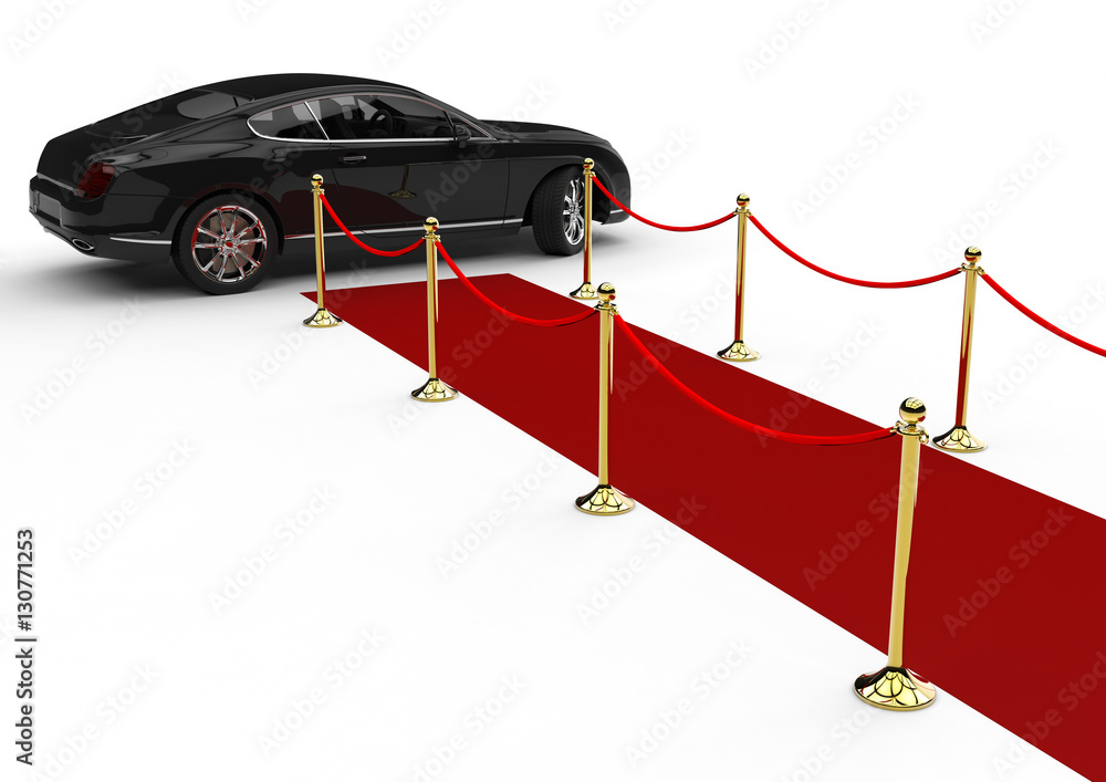 Poster red carpet limousine / 3d render image representing a high class limousine at the end of the red car