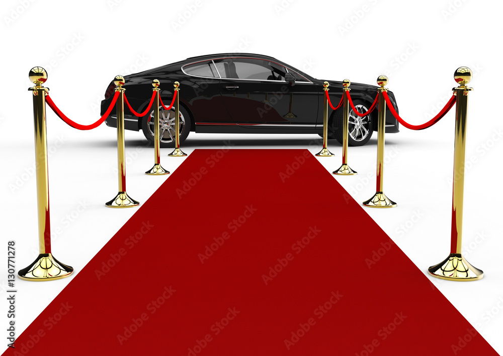 Poster red carpet limousine / 3d render image representing a high class limousine at the end of the red car
