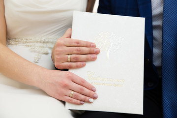 Hands with wedding rings on 