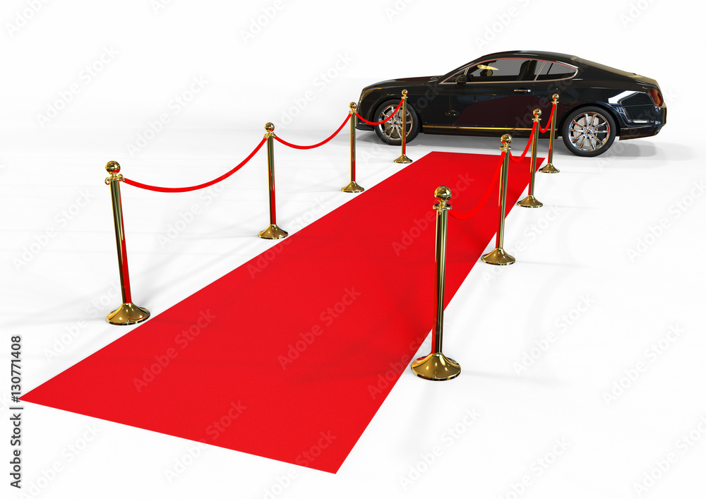 Poster red carpet limousine / 3d render image representing a high class limousine at the end of the red car