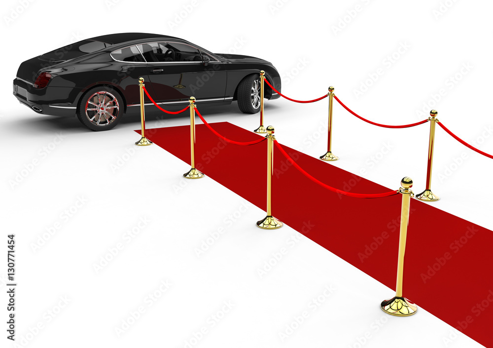 Poster red carpet limousine / 3d render image representing a high class limousine at the end of the red car