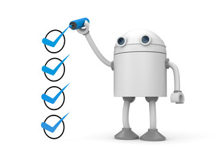 Obraz na płótnie Canvas Robot and green checkmarks. Checklist metaphor. 3d illustration