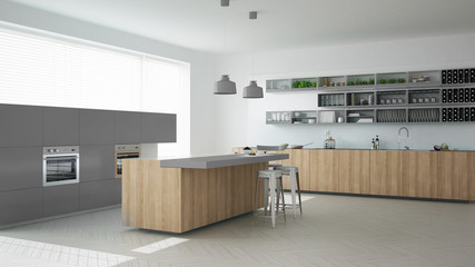 Scandinavian white kitchen with wooden and gray details, minimal