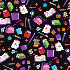 Seamless pattern with set of different school things.Doodle seamless background with school icons.