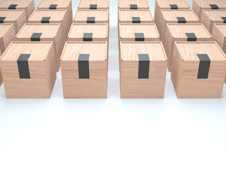 Square wooden boxes with black stickers. 3d rendering