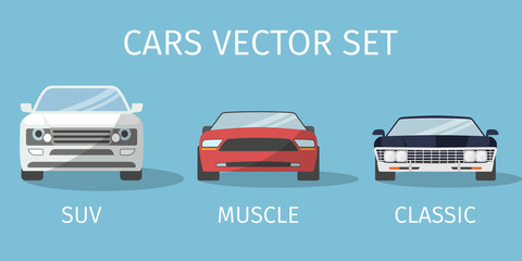 Car icons in flat style. SUV, muscle and classical vehicles. Vector illustration.