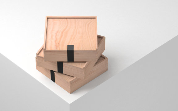 Three Wooden box Mockup with black sticker, plywood. 3d rendering