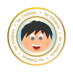 Gold stamp indicating quality children's products.Heading tags for children's products down laughing child faces in the middle on a white background