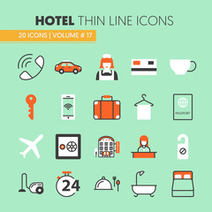 Hotel Accomodation Thin Line Vector Icons Set with Reception and Services