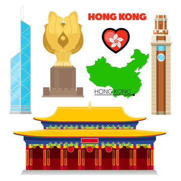 Hong Kong China Travel Doodle with Architecture, Bauhinia and Flag. Vector illustration