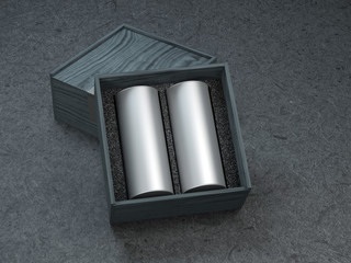 Two Aluminum Can Mockup in Wooden Box on Black background, 3d rendering