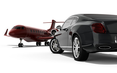Obraz na płótnie Canvas Luxury life / 3D render image representing a luxury car with an private jet 