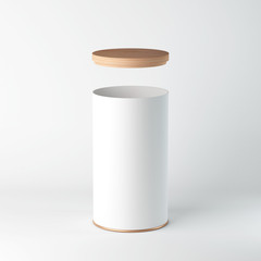 White Tin Can Mockup with wooden cover, lid. Cylindrical packaging, Tea, coffee. 3d rendering