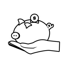 hand holding piggy coins money safe line vector illustration eps 10