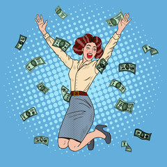 Pop Art Successful Jumping Business Woman Celebrating in Falling Down Money. Vector illustration