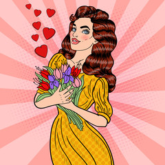 Pop Art Young Beautiful Woman Holding Bouquet of Flowers. Vector illustration