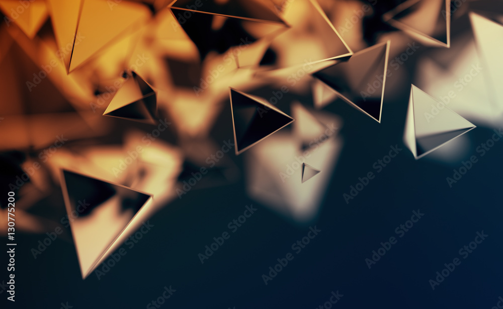 Poster abstract 3d rendering of chaotic low poly shapes. flying polygonal pyramids in empty space. futurist