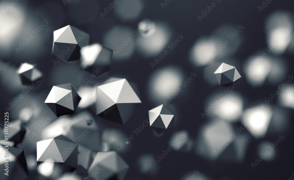 Poster abstract 3d rendering of chaotic low poly particles. flying polygonal spheres in empty space. futuri