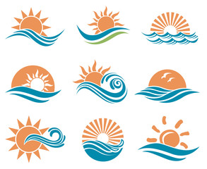 Naklejka premium abstrakcyjna kolekcja ikon słońca i morza